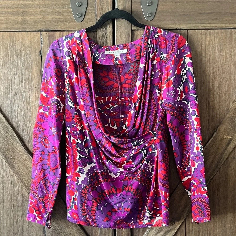 Trina Turk 100% Silk Floral Faux Wrap Blouse Red/Purple Size Small EUC